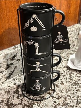 Black Skeleton Yoga Mug Set — Stackable Halloween Coffee Mugs